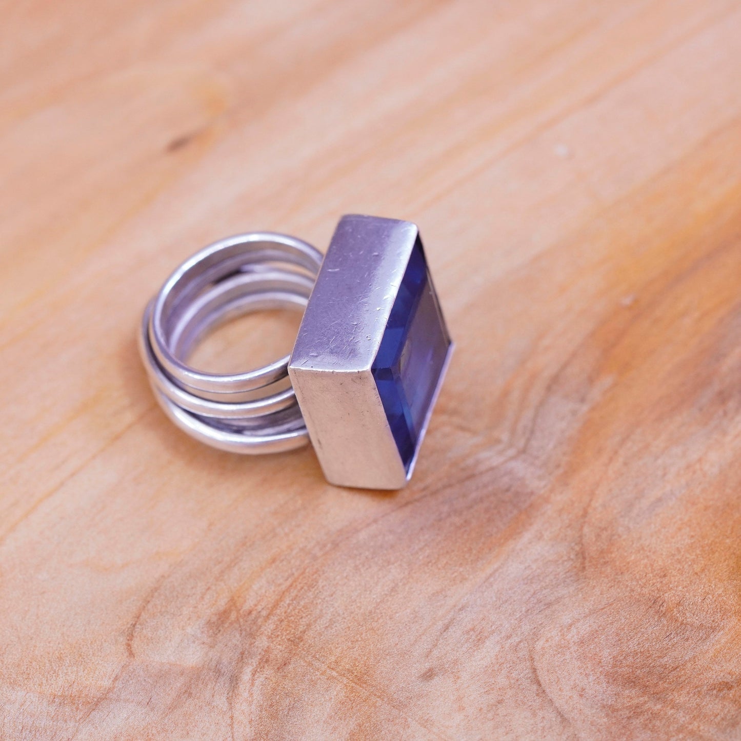 sz 5.5, vintage handmade statement ring, Sterling Silver square blue glass Ring