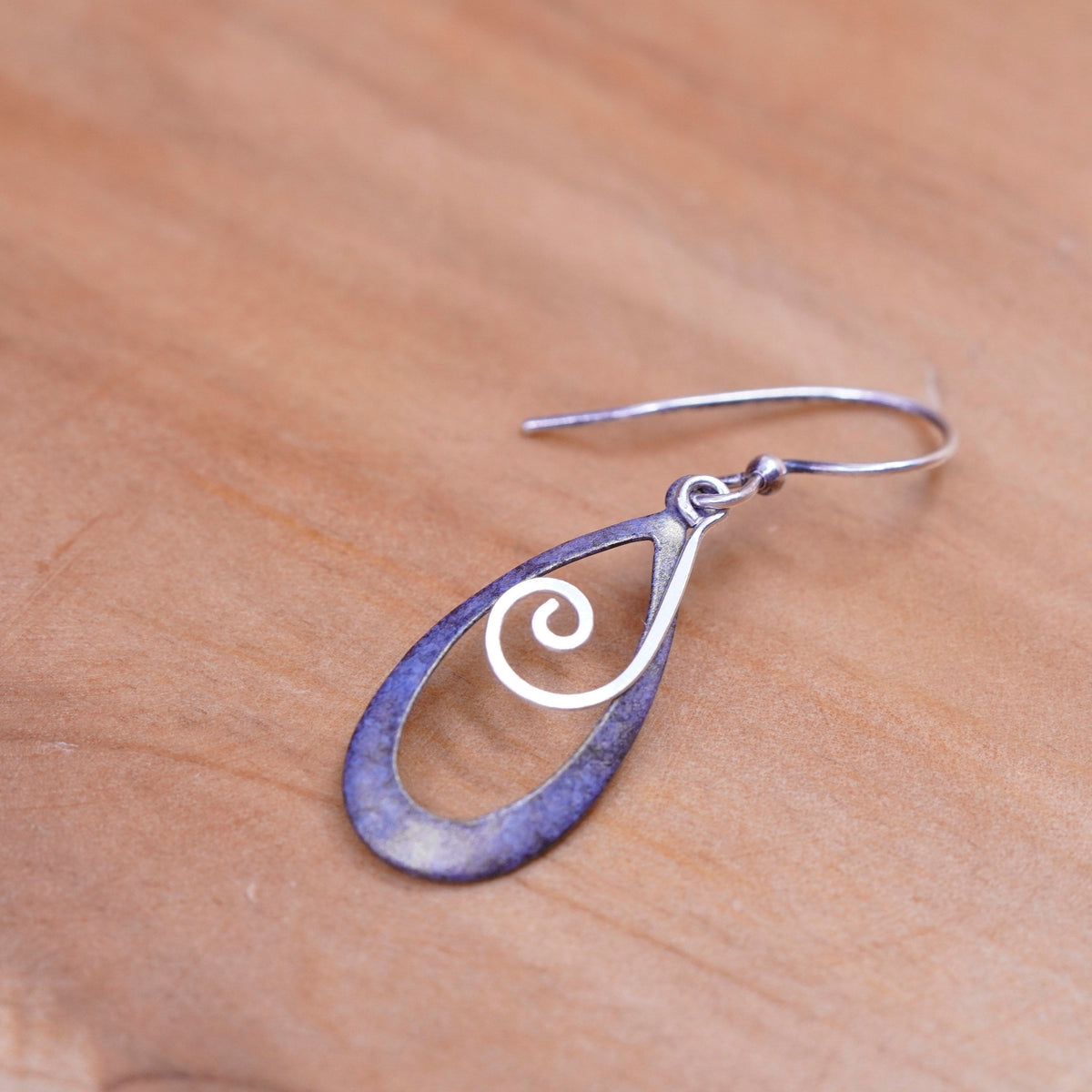 Vintage Sterling silver handmade earrings, 925 teardrops with swirly dangle