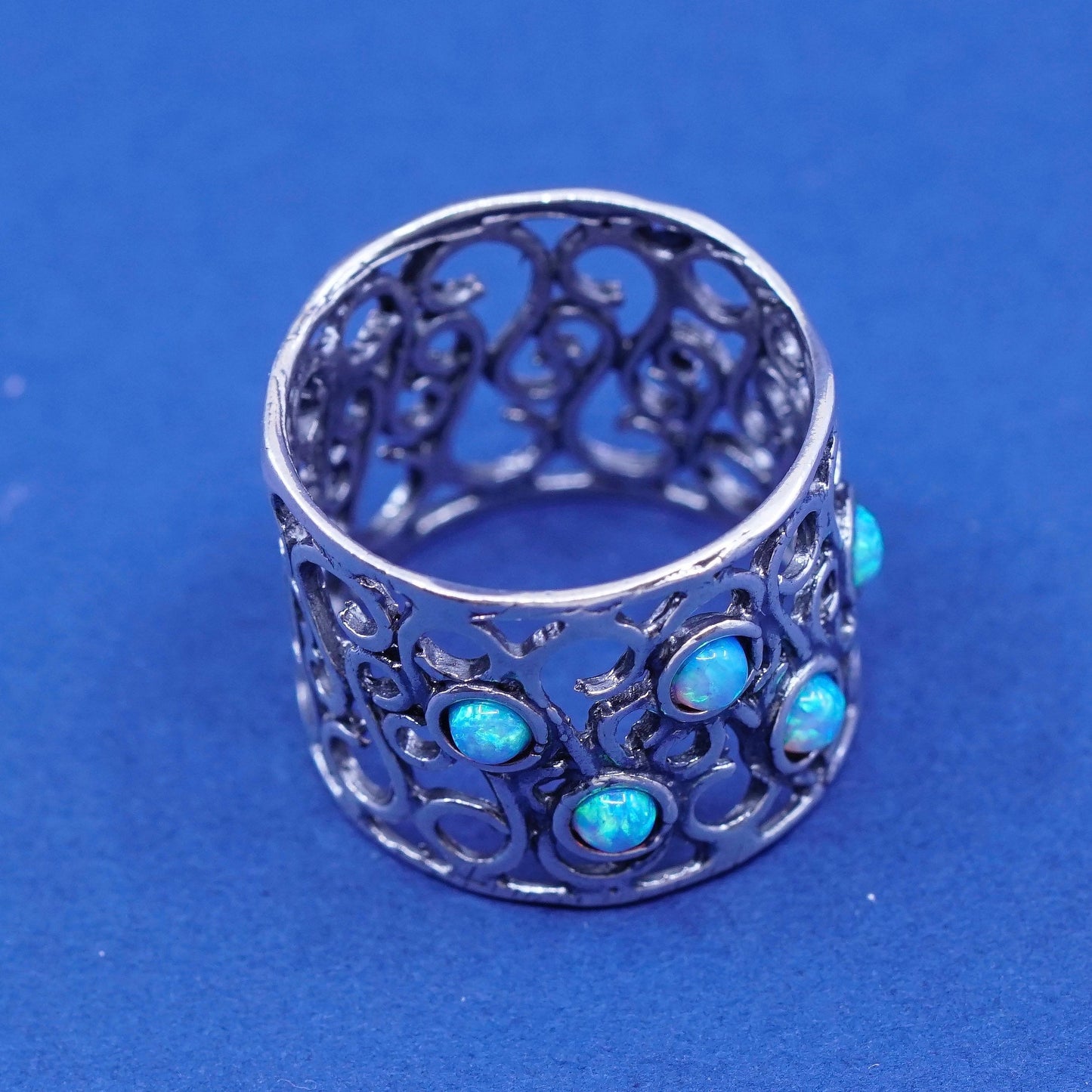 Size 8, vtg Israel sterling silver ring, handmade 925 filigree band w/ opal