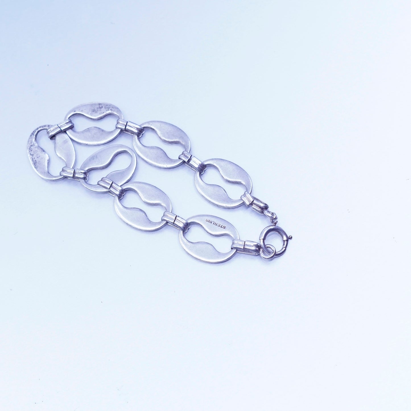 7”, vintage Sterling 925 silver handmade bracelet, hammered peanut link chain