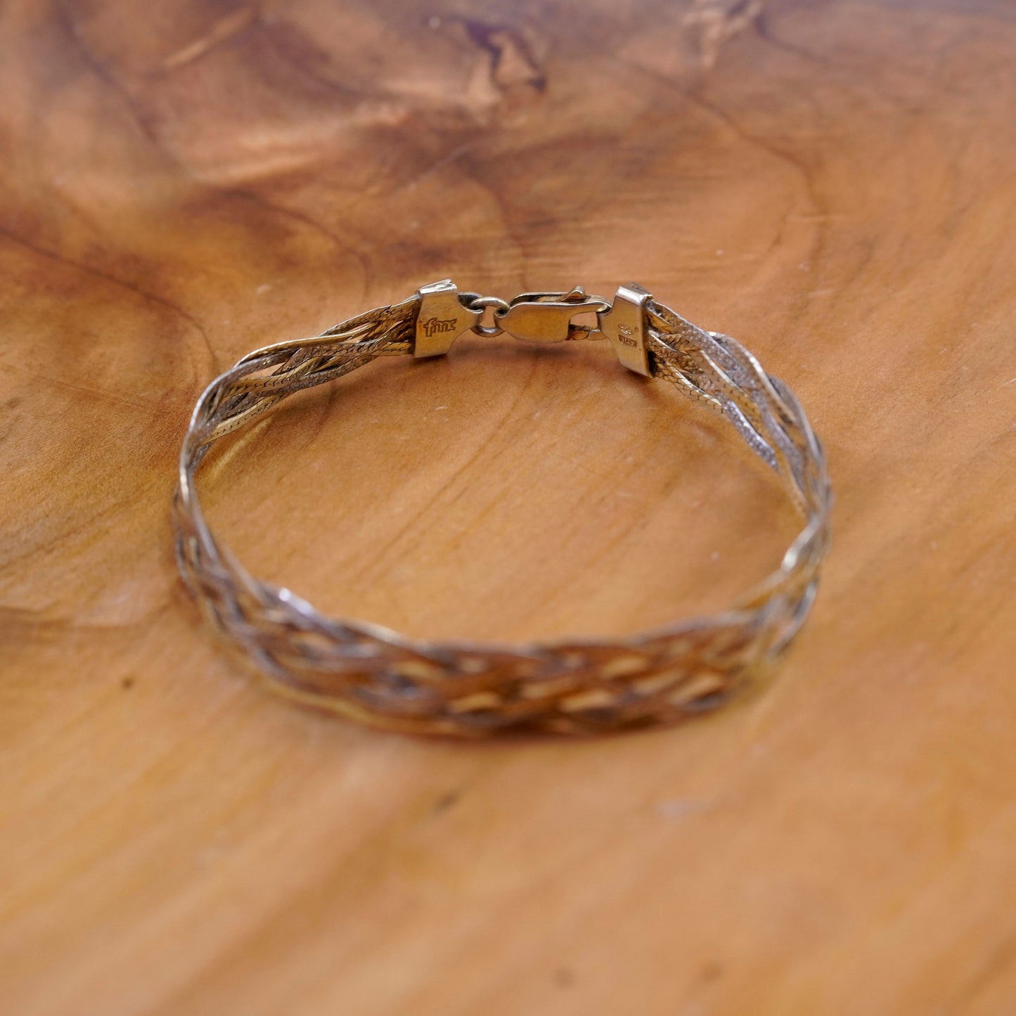 6.75”, vermeil gold Sterling 925 silver braided woven herringbone bracelet