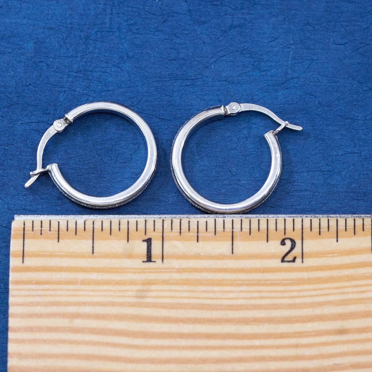 0.75”, vintage Sterling 925 silver handmade hoop glittering earrings, huggie