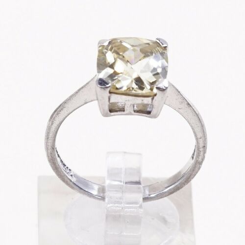 Sz 8.25, Vtg Sterling Silver handmade Ring, 925 Silver W/ Cushion Cut citrine