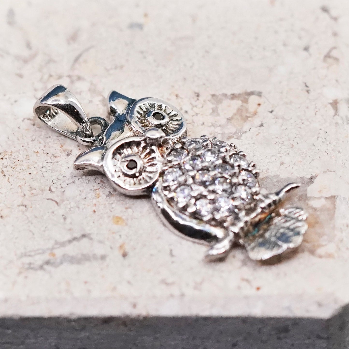 Vintage Sterling silver Handmade pendant, 925 owl charm with cz