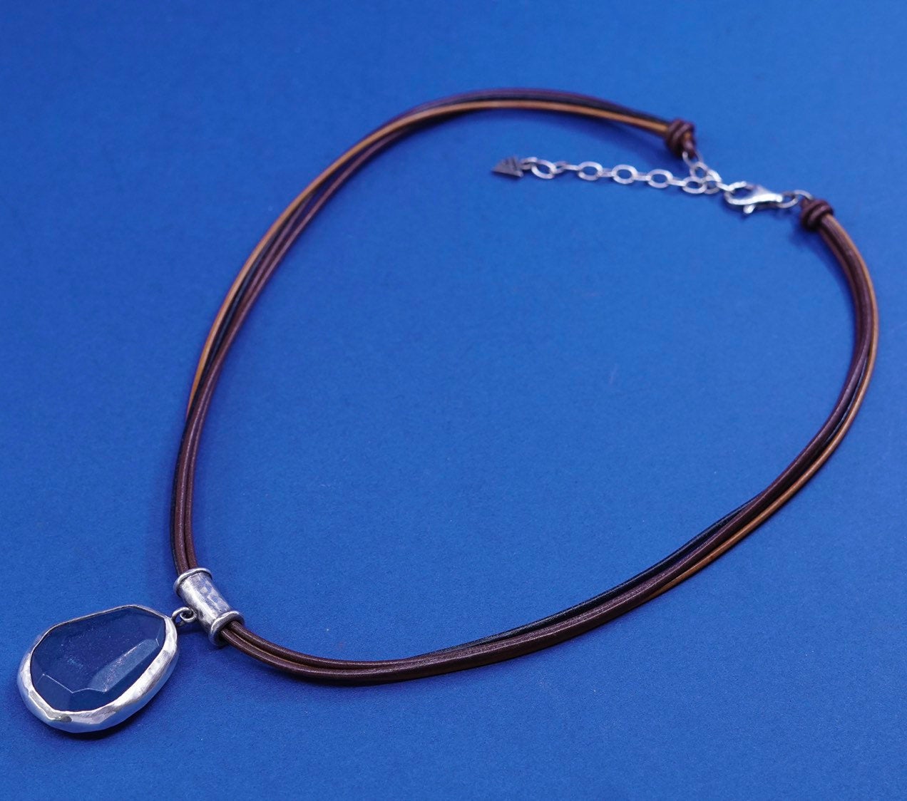 18” sterling 925 Silver necklace, Silpada N1783 Blue Jade on Leather chain