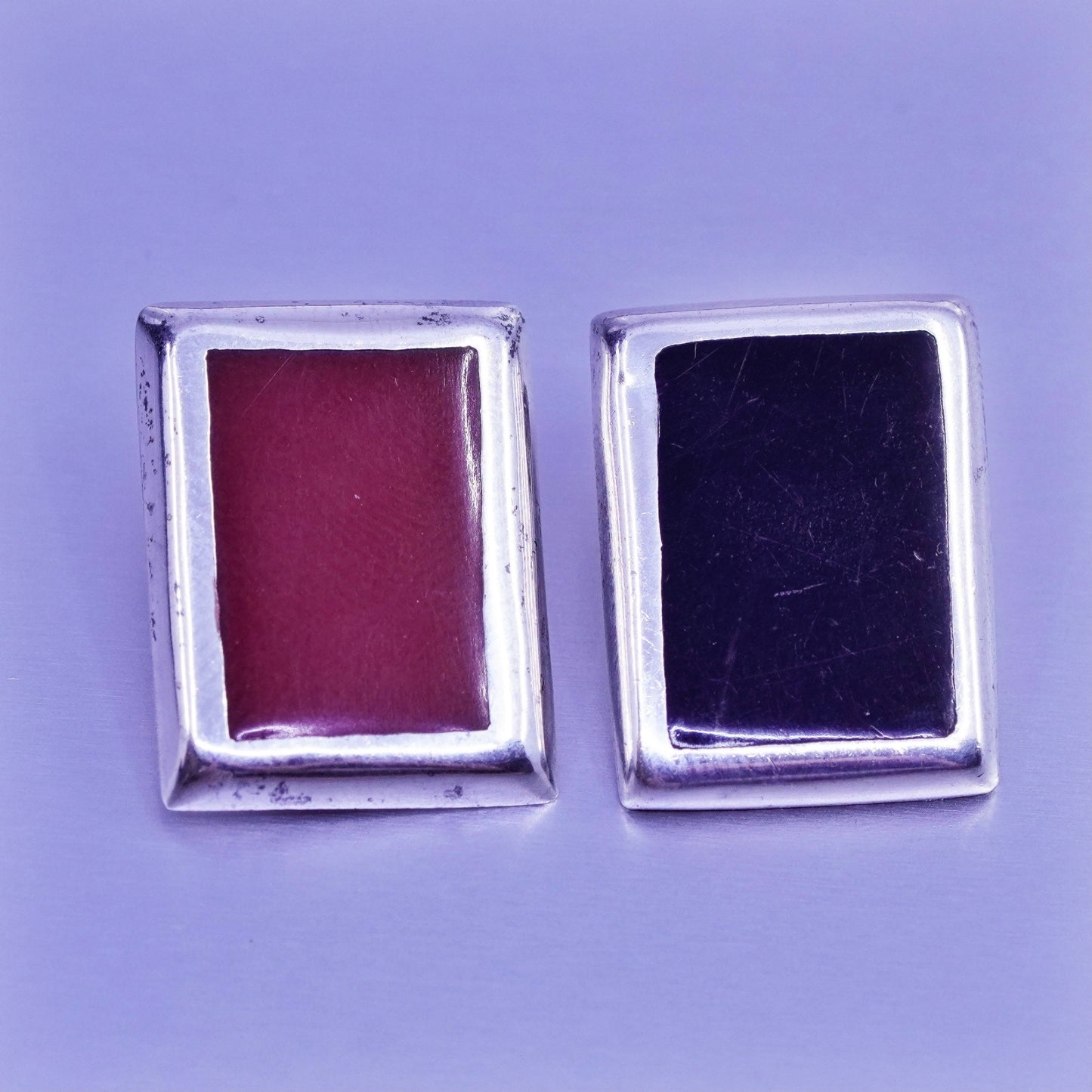 Sterling 925 silver handmade earrings, rectangular clip on red and black enamel