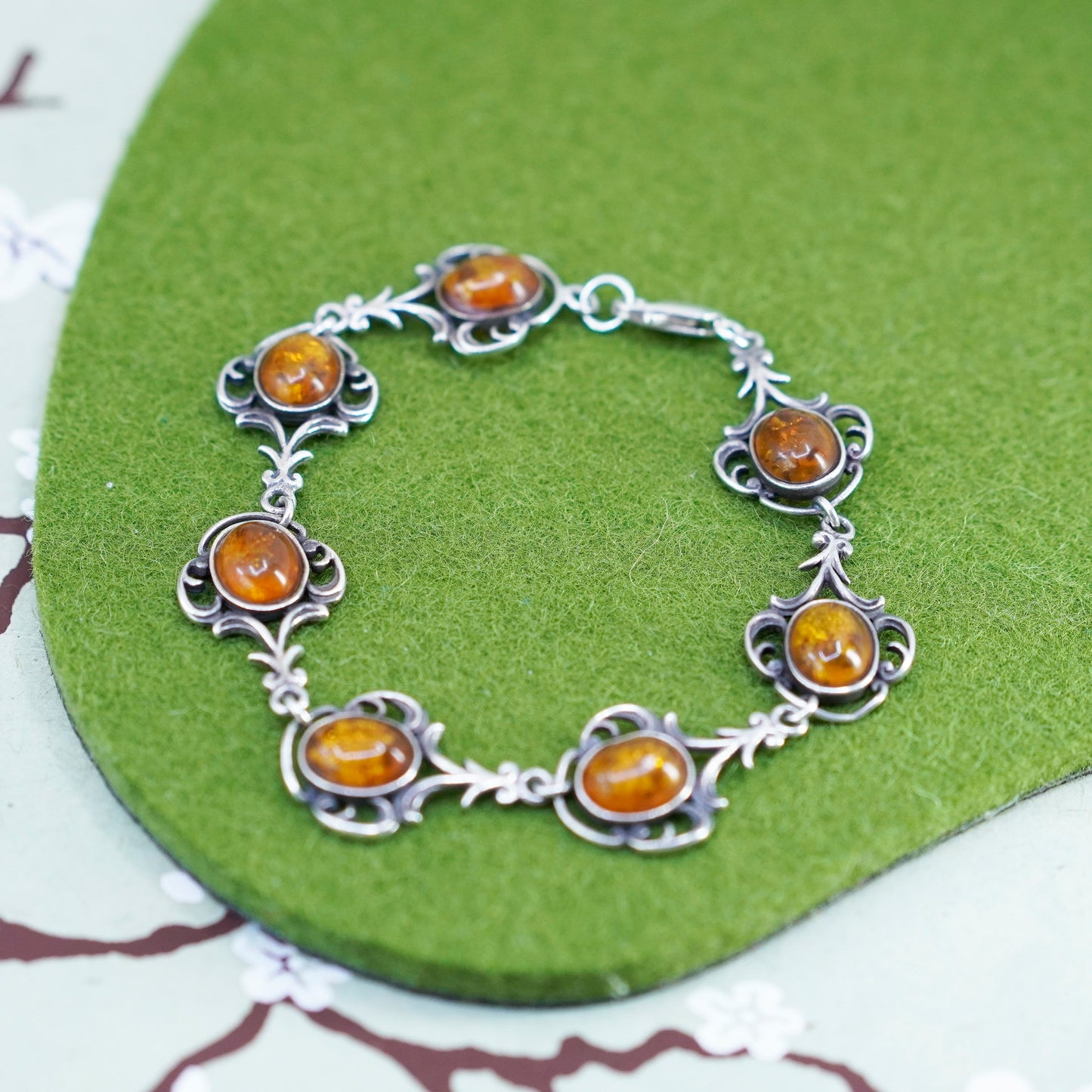 7.5”, Vintage sterling 925 silver handmade tennis bracelet with amber