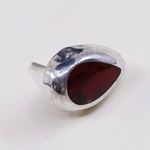 Vintage Mexico Sterling Silver Handmade Earrings, 925 Teardrop Studs W/ Jasper