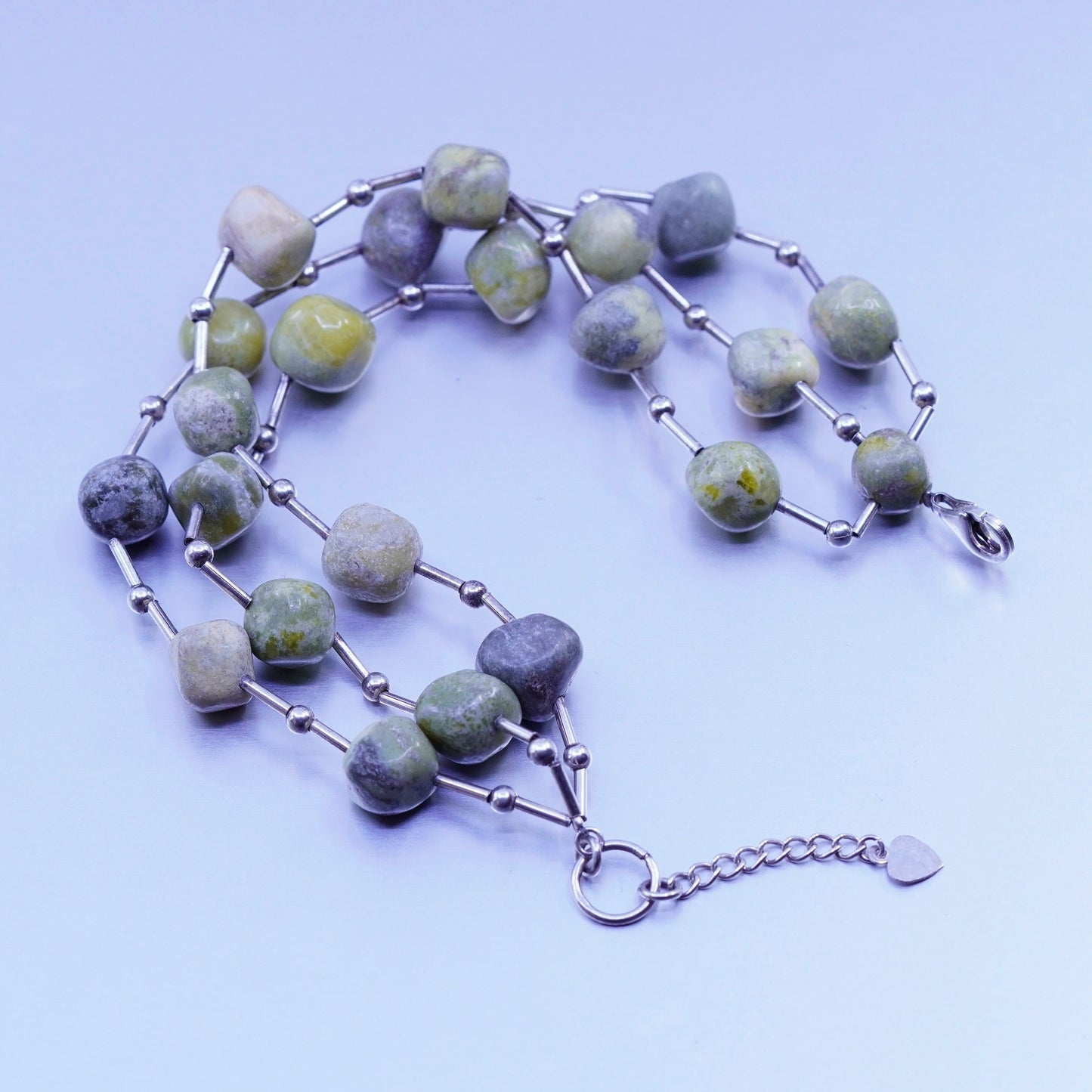 7+1”, vintage Sterling 925 silver handmade bracelet with green jasper beads