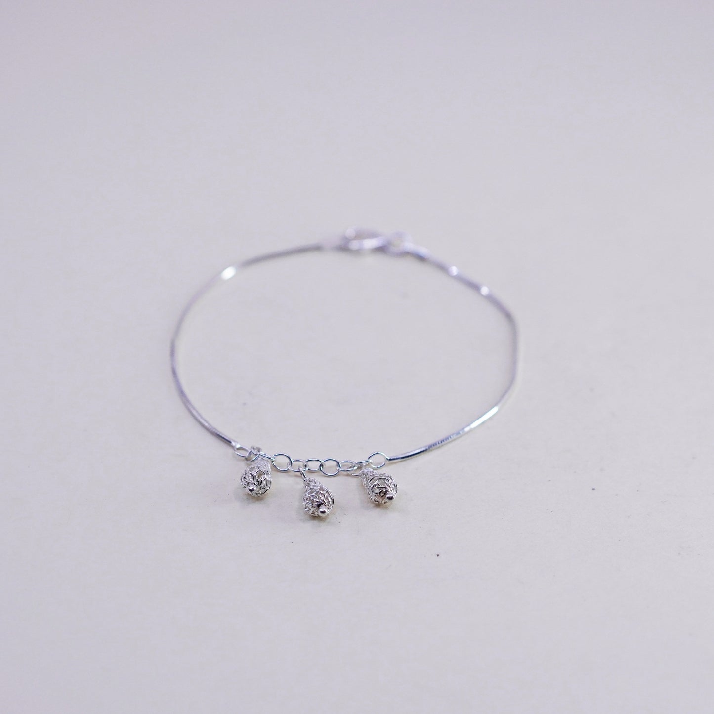 7”, vintage Sterling silver bracelet, 925 snake chain filigree teardrop charm