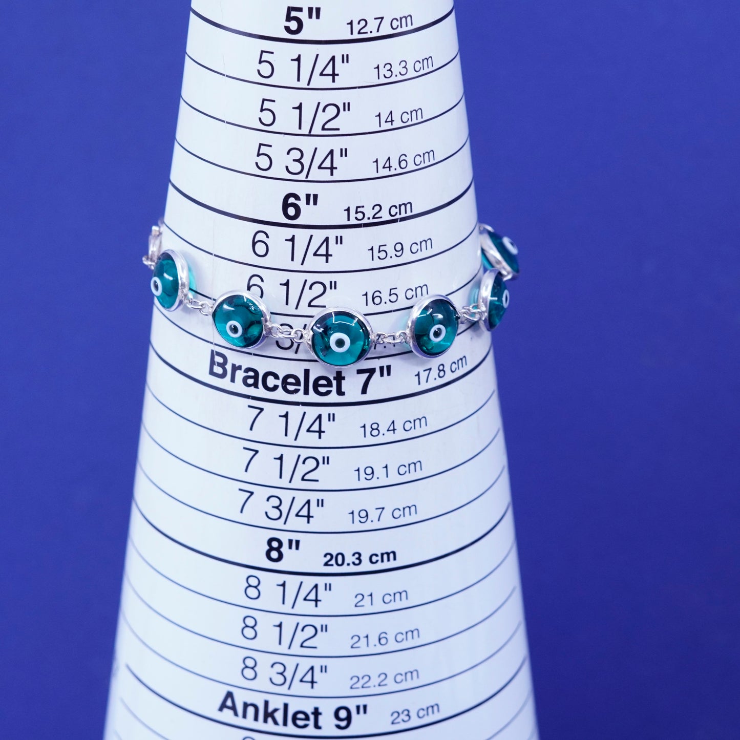 6.75”, Vintage handmade sterling 925 silver bracelet, blue glass evil eye beads