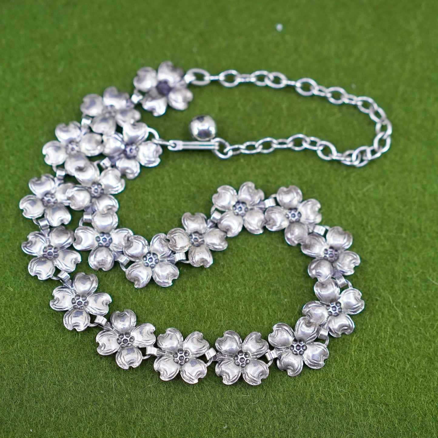 12+4”, sterling 925 silver necklace, dogwood flower link chain choker collar