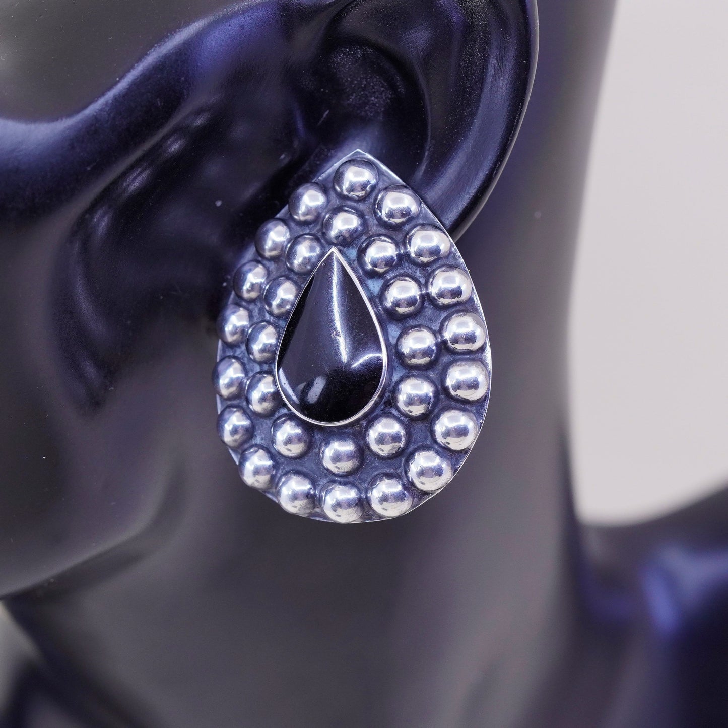 mexico Sterling 925 silver clip on earrings with teardrop obsidian and beads