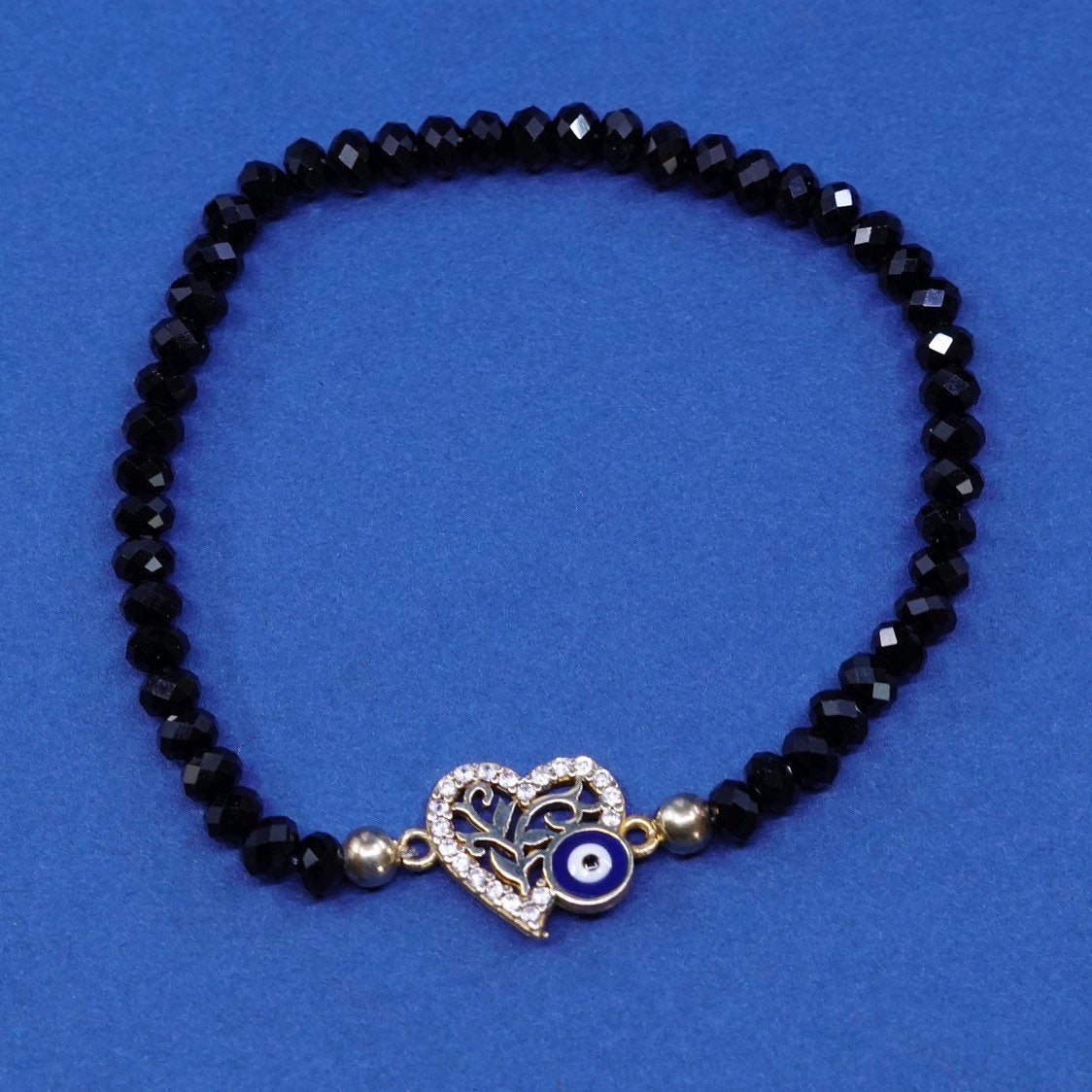 6.5" gold over Sterling silver bracelet, 925 heart w/ obsidian beads N evil eye
