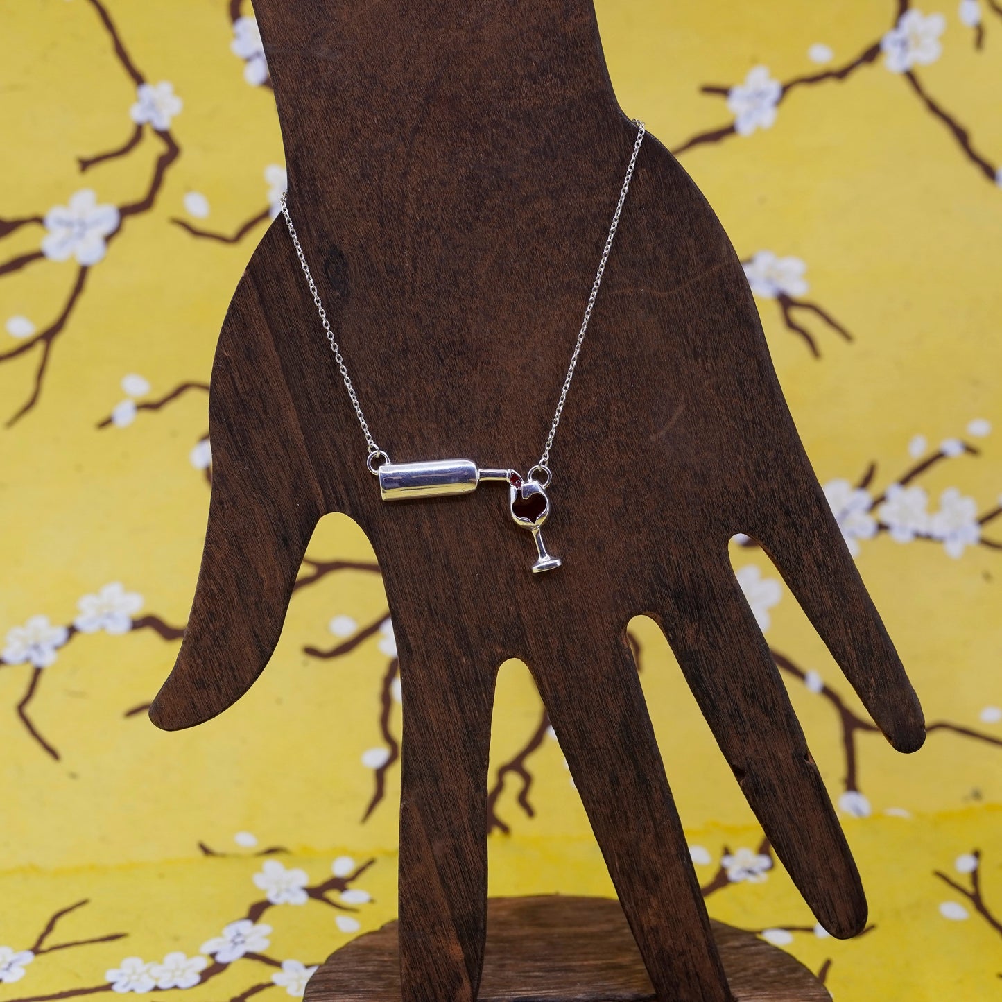 8”, sterling 925 silver handmade bracelet, circle chain with wine glass bottle