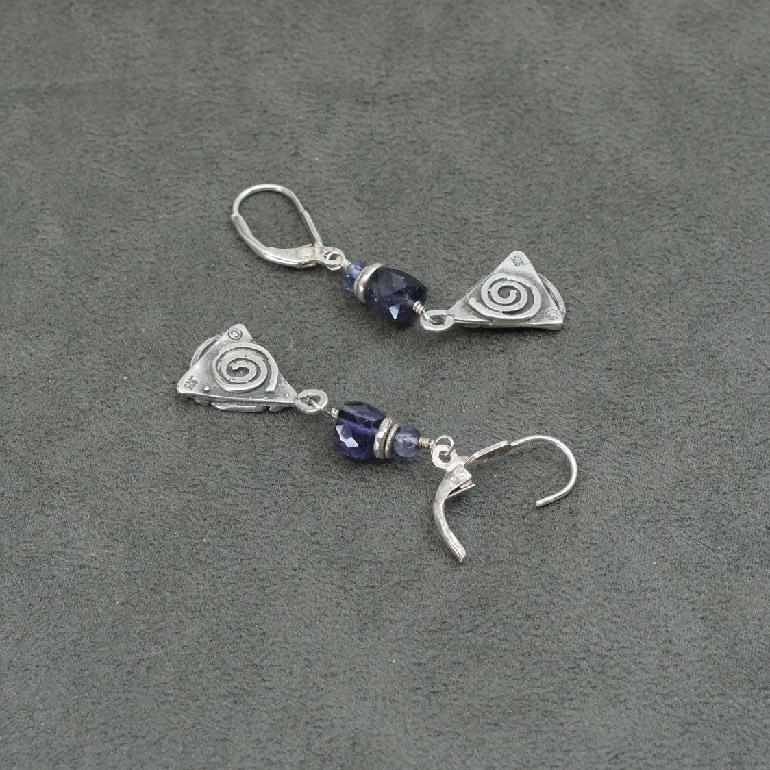Native American handmade sterling silver earrings, 925 dangle w/ swirl N crystal