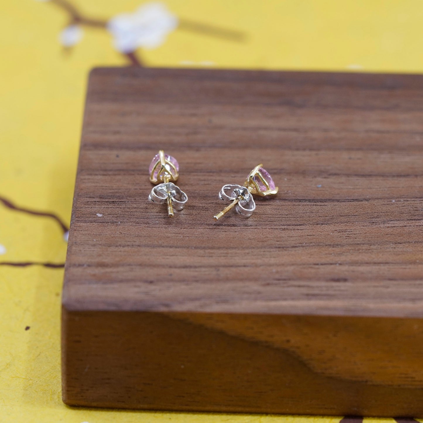 Vintage Sterling silver handmade earrings, 925 square studs with pink cz