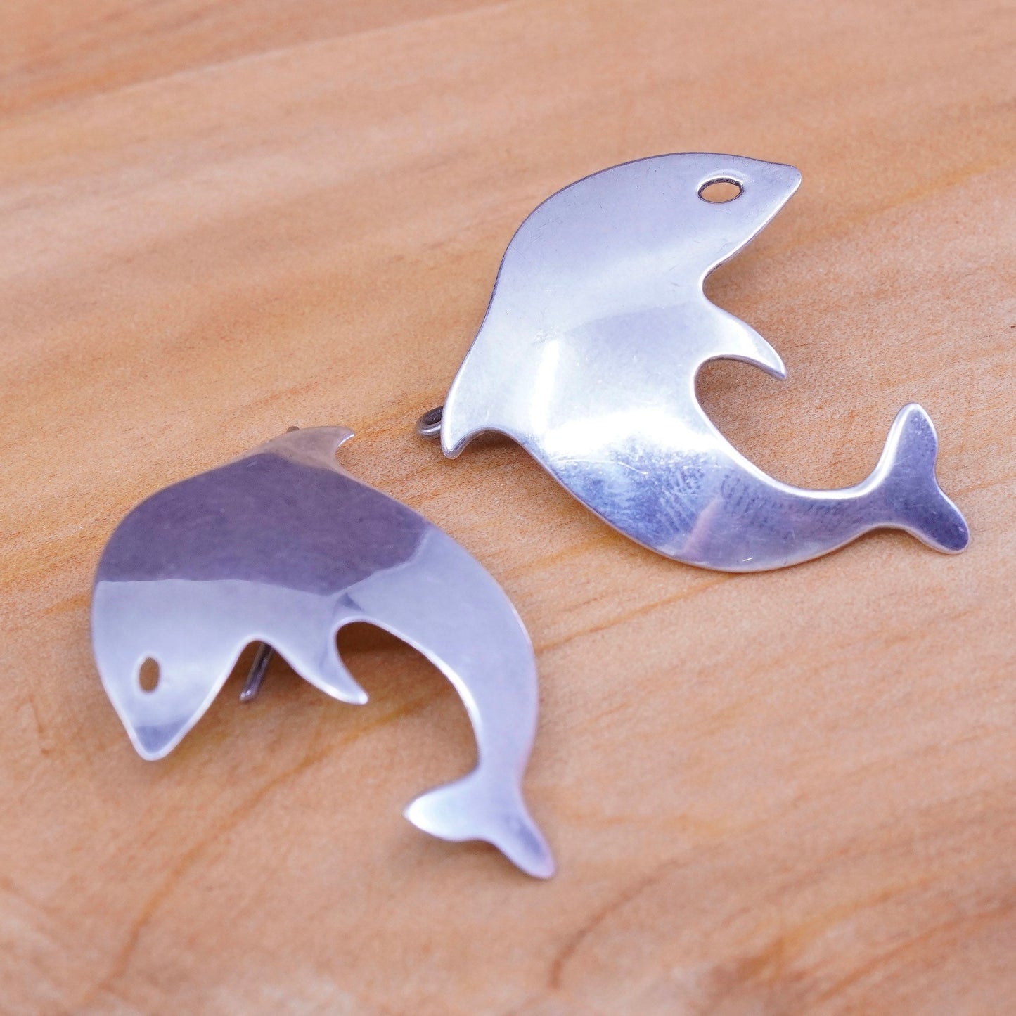 Vintage Sterling silver handmade earrings, 925 dolphin dangles