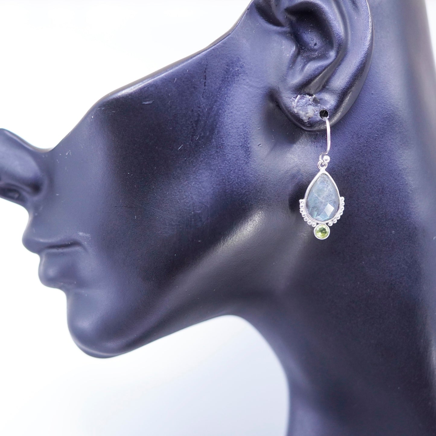Vintage Sterling 925 silver handmade teardrop earrings with labradorite peridot