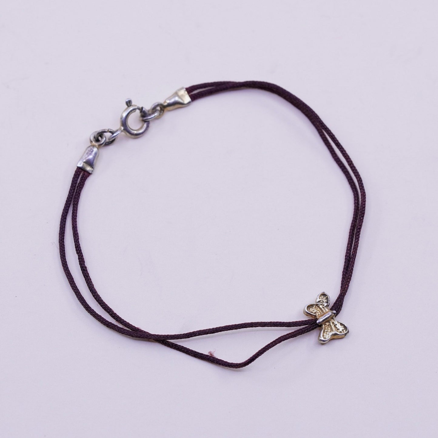 6.5” Vintage Sterling silver handmade bracelet, 925 butterfly with linen thread