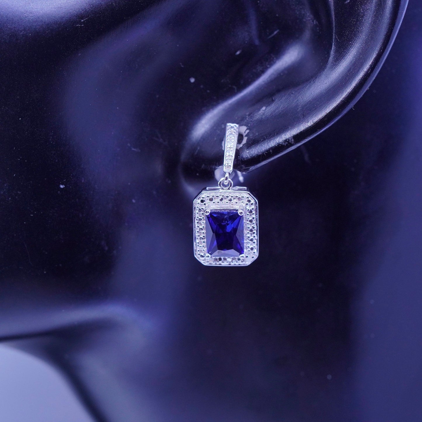 Vintage Sterling 925 silver handmade square earrings with sapphire and diamond