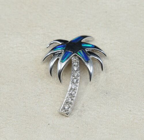 Vintage Sterling Silver Pendant, 925 Palm tree W/ Opal Inlay And Crystal Detail