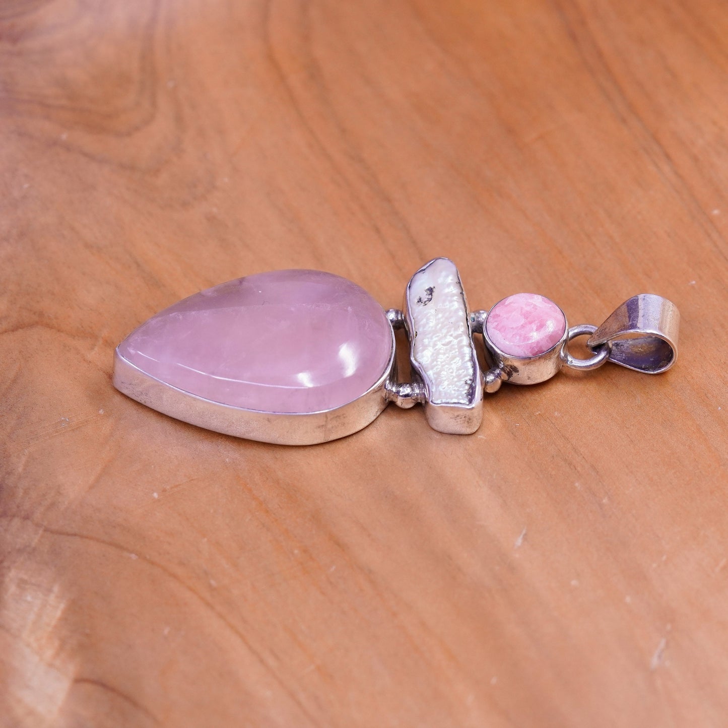 Vintage sajen Sterling 925 silver handmade pendant Rhodonite pearl teardrop