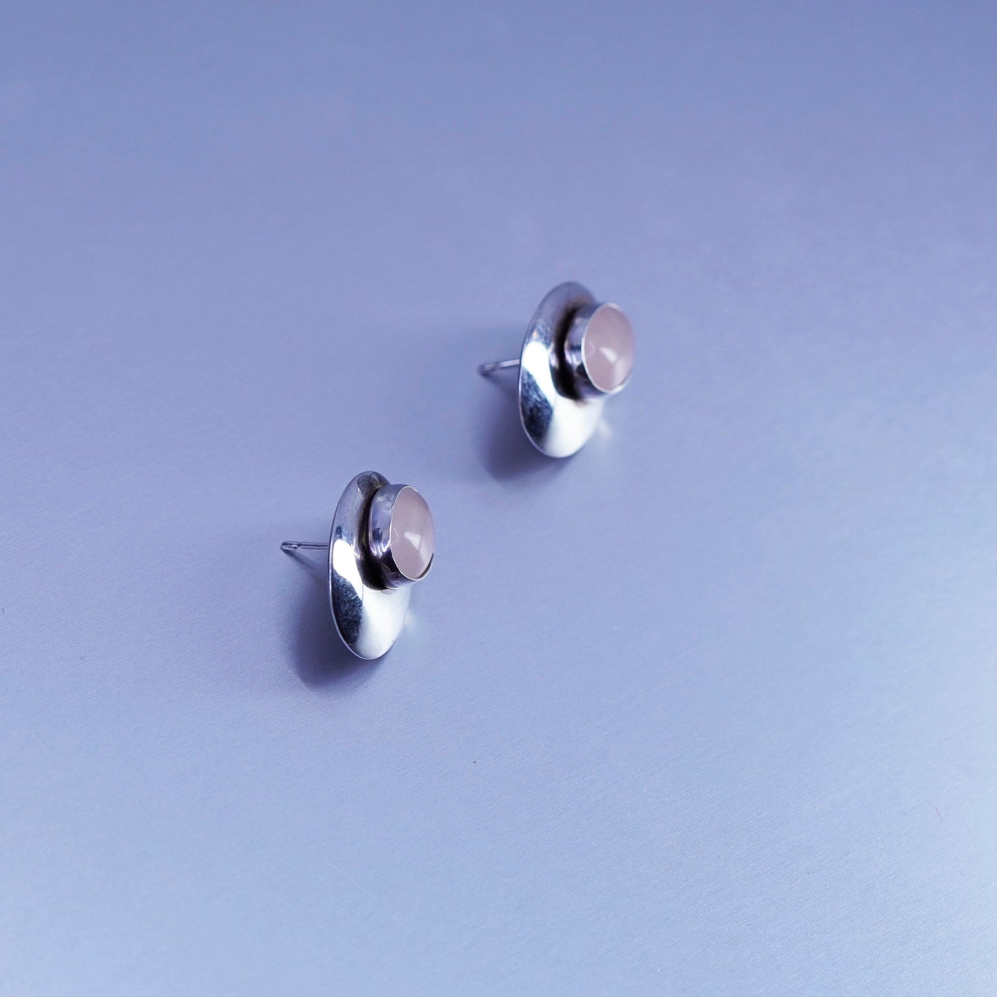 Vintage Sterling 925 silver earrings, oval studs with pink rose quartz