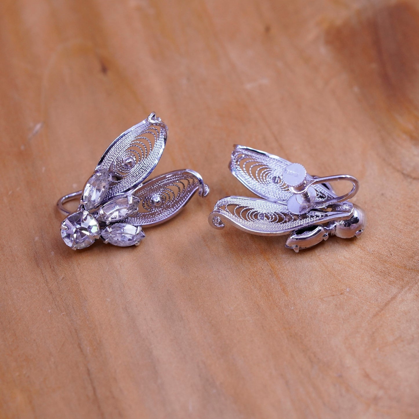 Sterling silver handmade screw back earrings, 925 floral filigree rhinestones