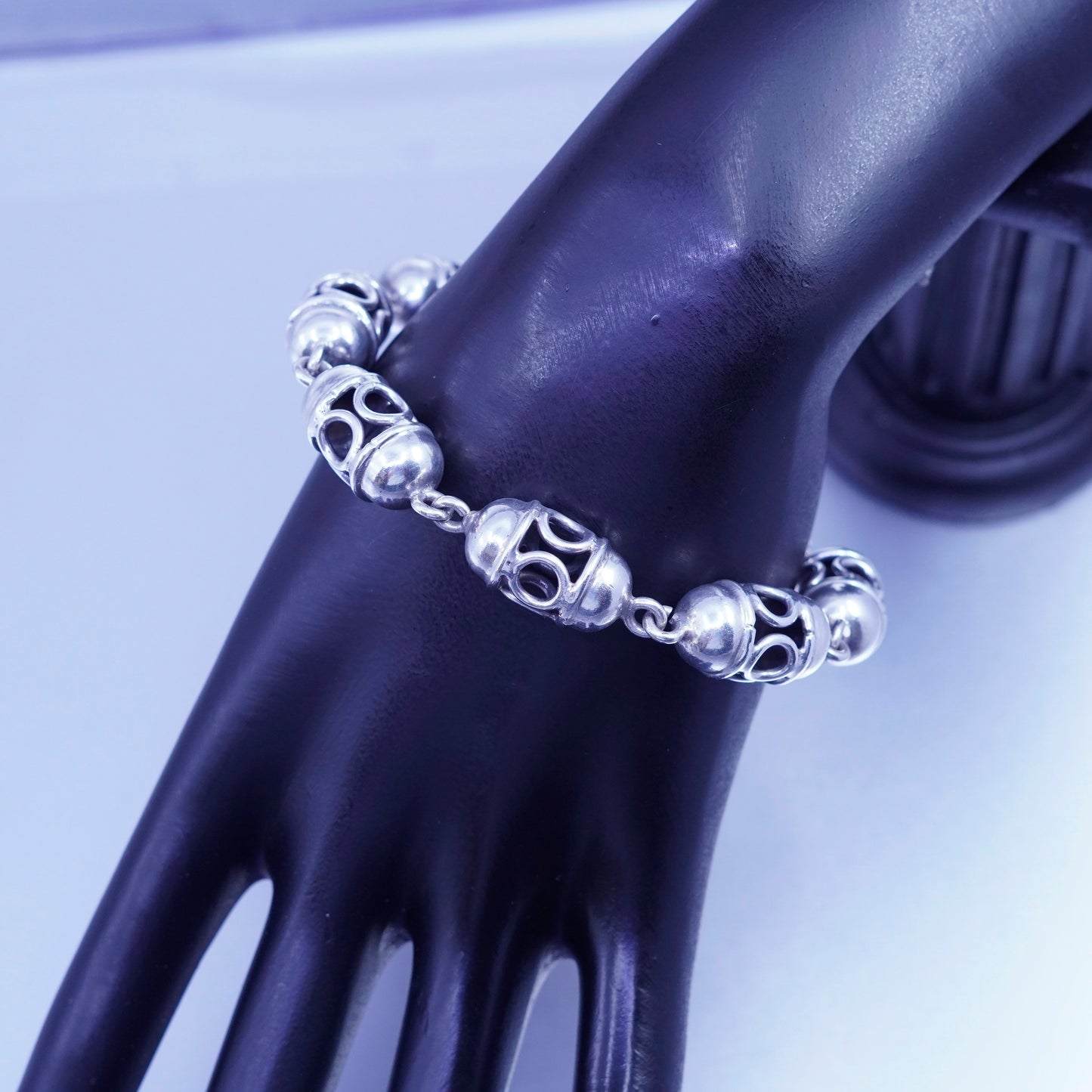 6.75”, vtg Mexico Sterling 925 silver handmade bracelet, filigree beads chain