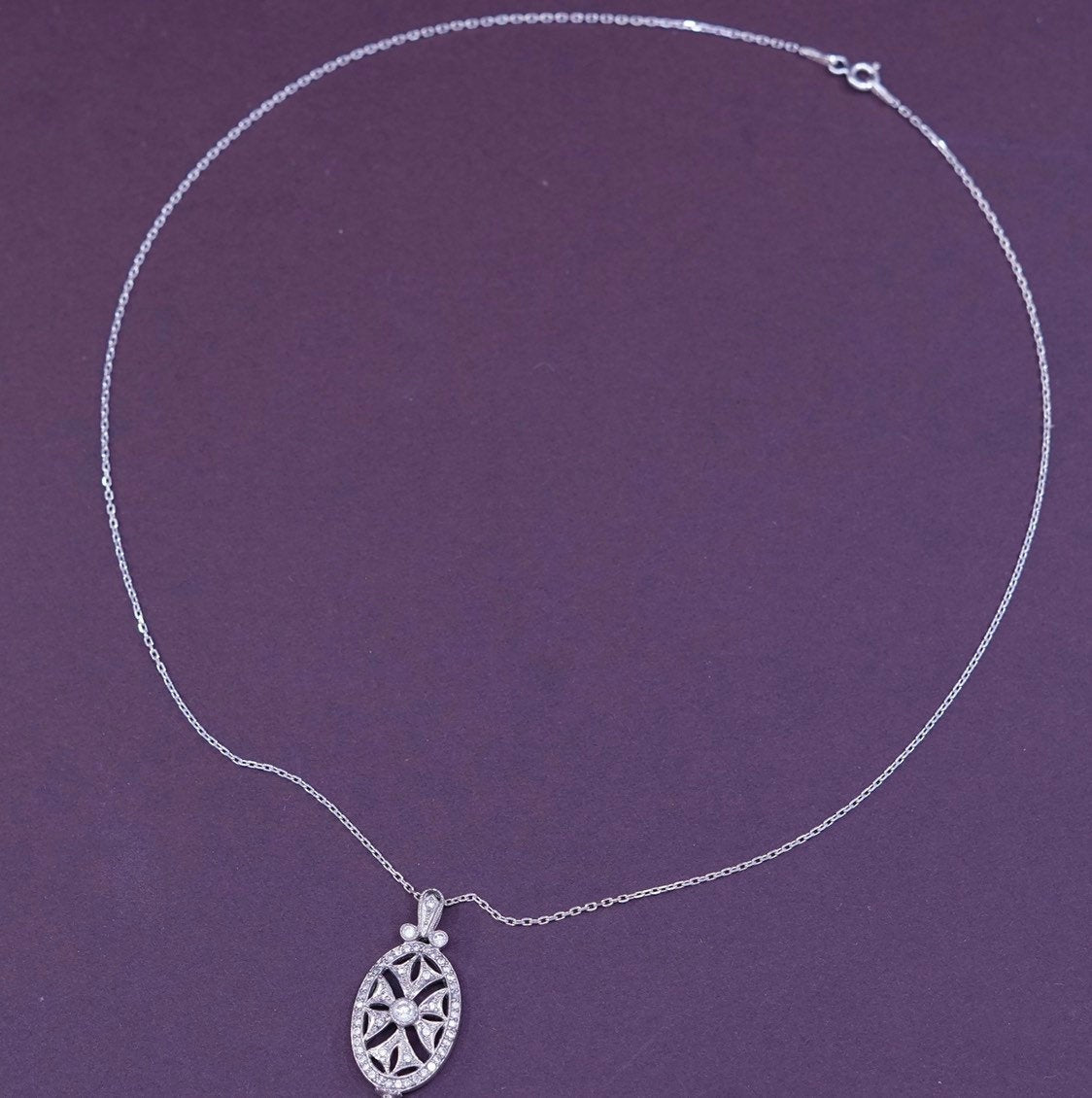 18”, vtg Sterling silver necklace, 925 circle link chain w/ cluster Cz pendant