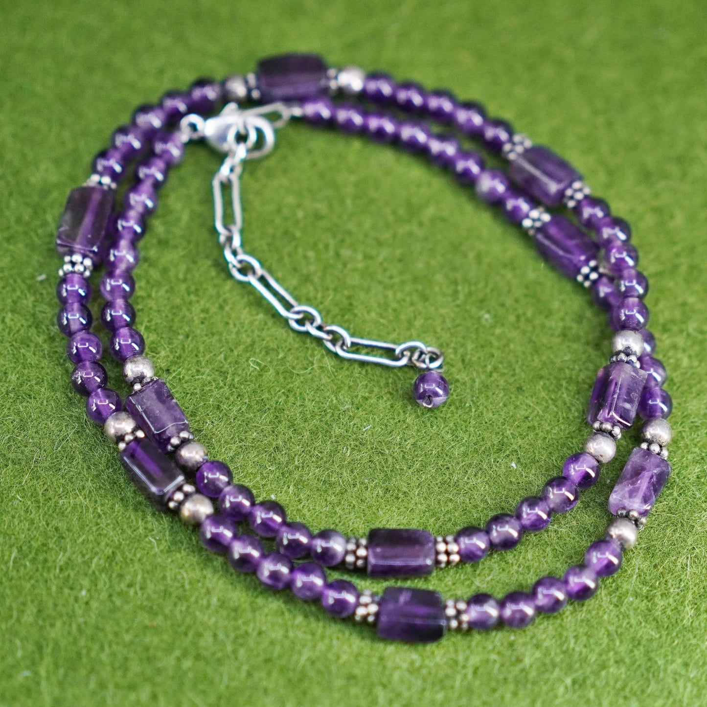16”+2”, Vintage sterling silver handmade necklace, amethyst beads