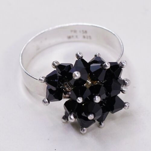 Sz 8.5 Vtg Tr 158 Sterling 925 Ring W/ Cluster Black Cz, Stamped 925 Mex