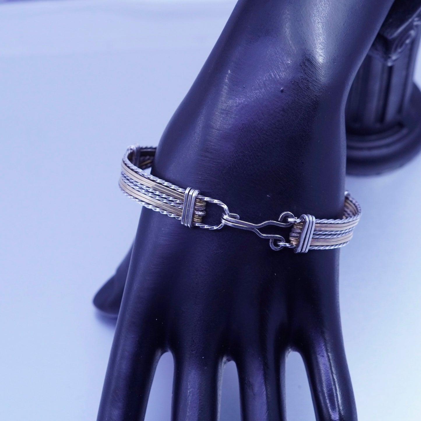 7.75”, Two tone Sterling 925 silver bracelet, braided hinged bangle brass
