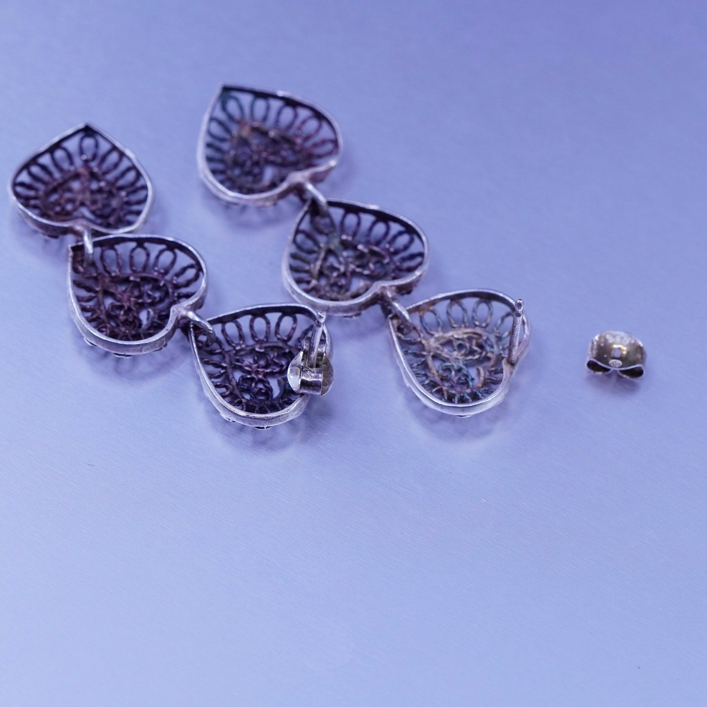 Vintage Sterling 925 silver handmade filigree heart earrings