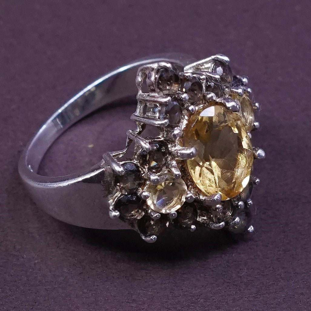 sz 7.75, vtg Sterling silver handmade statement ring, 925 w/ cluster citrine