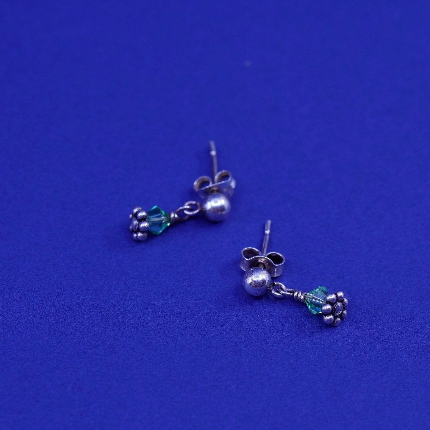 Vintage sterling 925 silver handmade earrings with green crystal