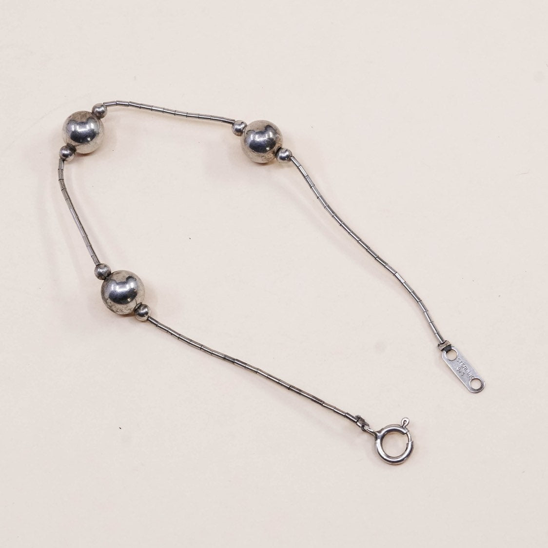 7.5", 1mm, VTG sterling silver snake bracelet, 925 chain with beads