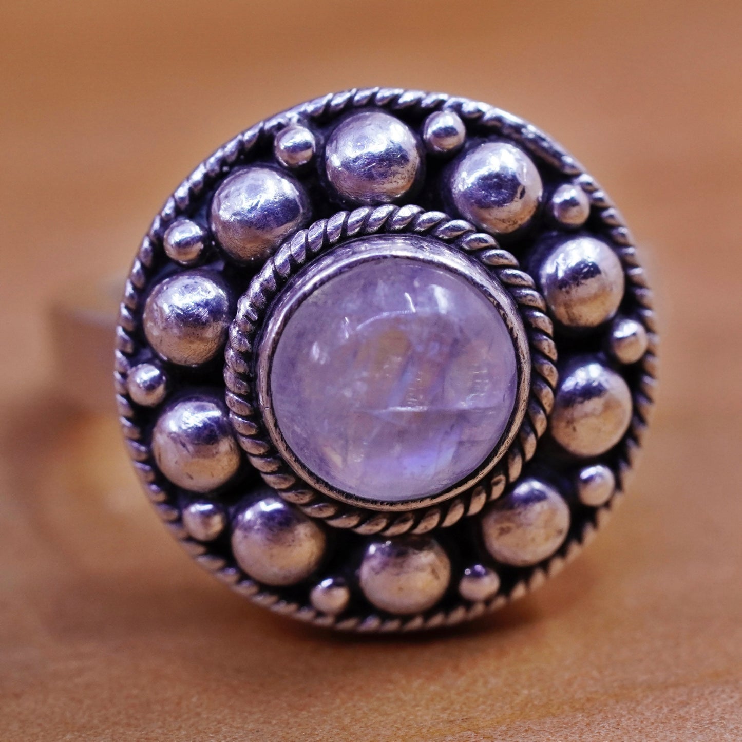 Size 6, vintage sterling 925 silver handmade ring with moonstone beads around