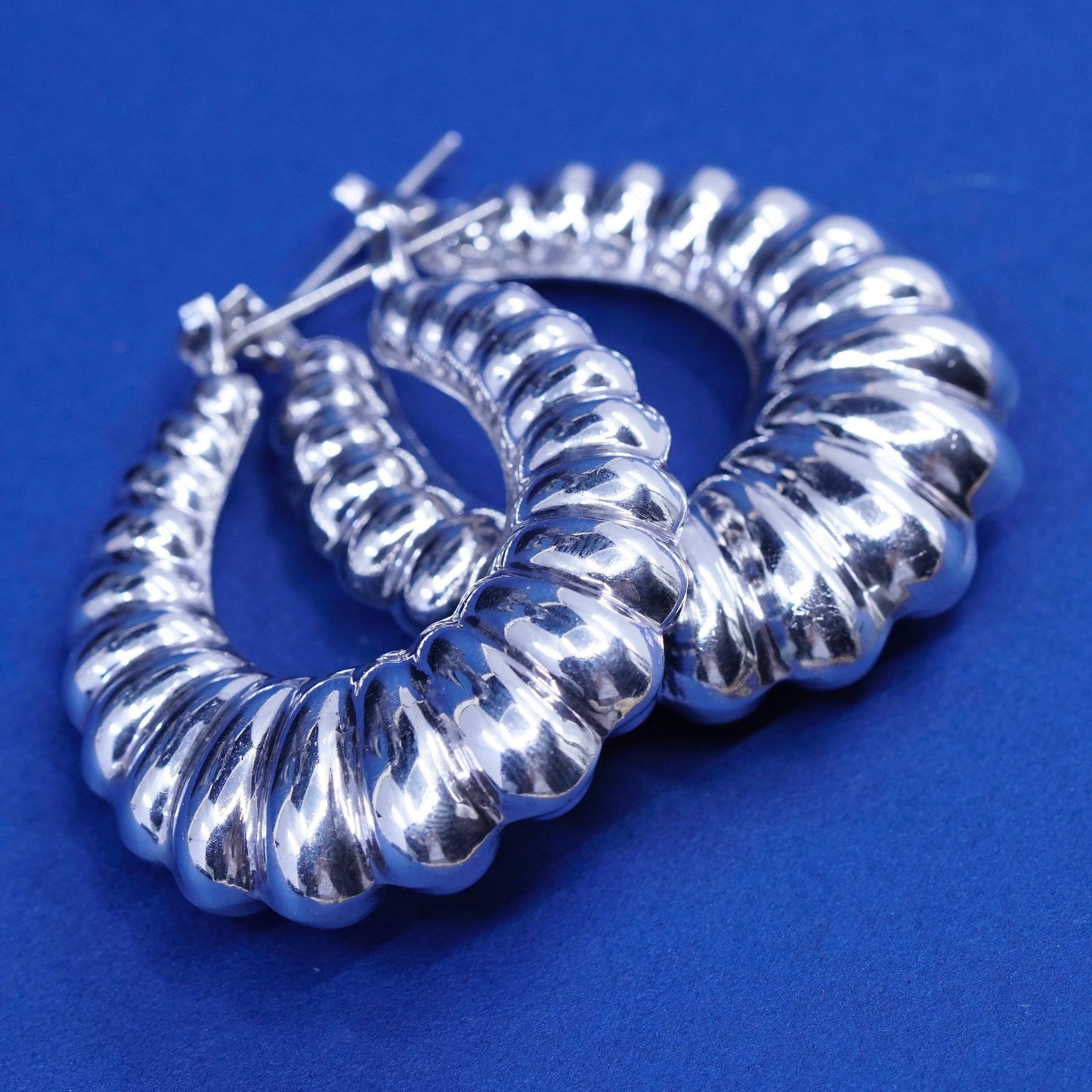 1.75”, vtg Sterling silver handmade earrings, 925 ribbed hoops Huggie