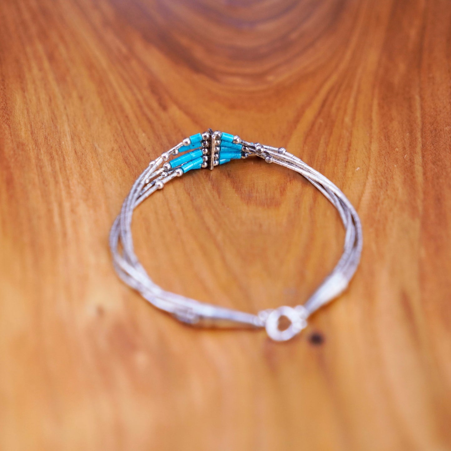 7”, 925 handmade bracelet, 5 multi strands liquid Silver chain with turquoise