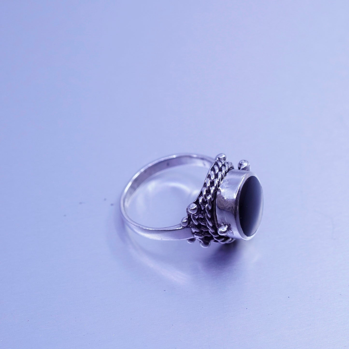 Size 7, vintage Sterling 925 silver handmade prayer locket ring with obsidian