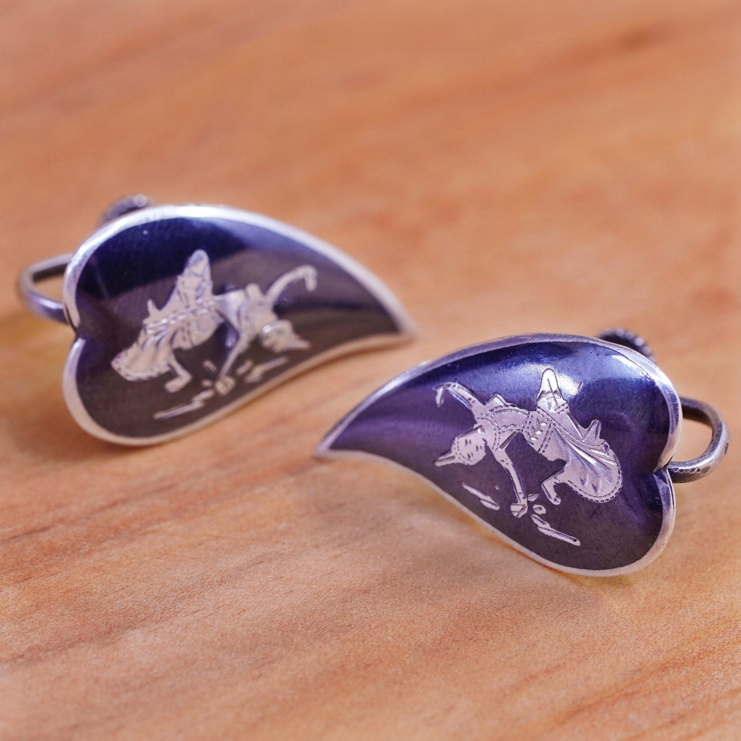 Vintage Siam sterling silver clip on earrings, 925 teardrop earrings, niello
