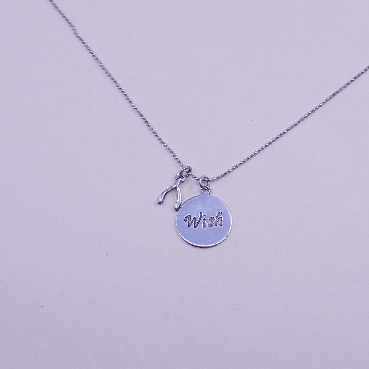 16+3”, sterling 925 silver bead chain necklace wish tag, wish bone star charms