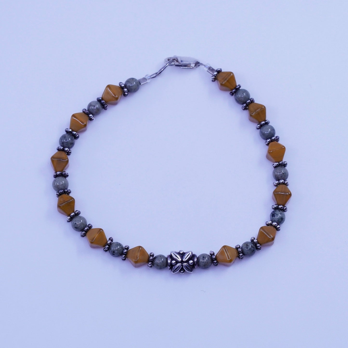 7”, vintage Sterling 925 silver bracelet with golden tiger eye jasper beads