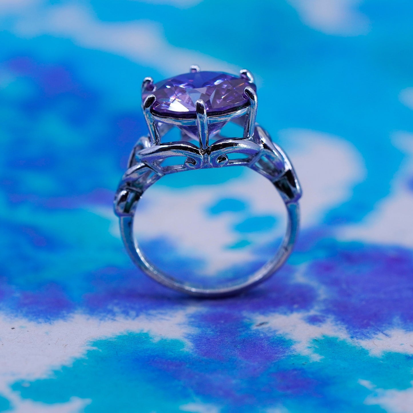 Size 7.75, vtg Sterling 935 silver handmade ring w/ mega shiny amethyst ring