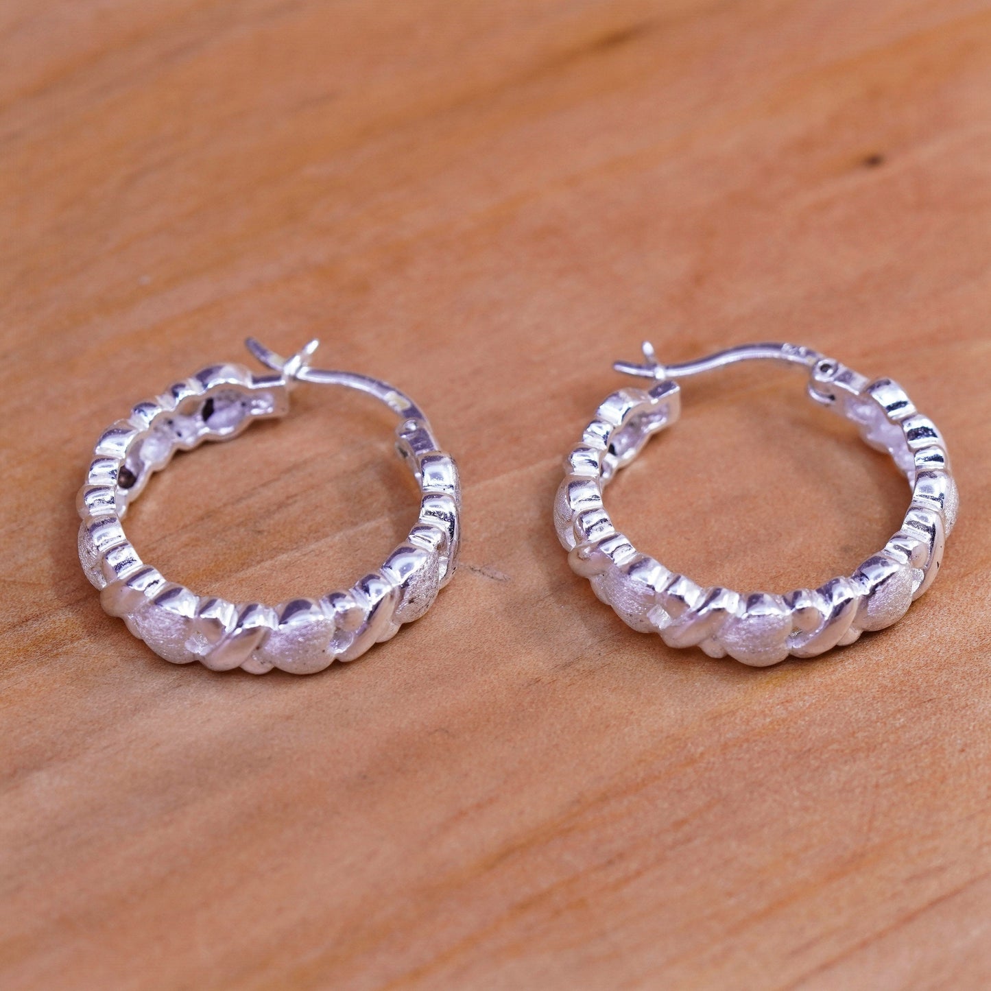 0.75”, Vintage Sterling silver handmade earrings, 925 heart textured hoops