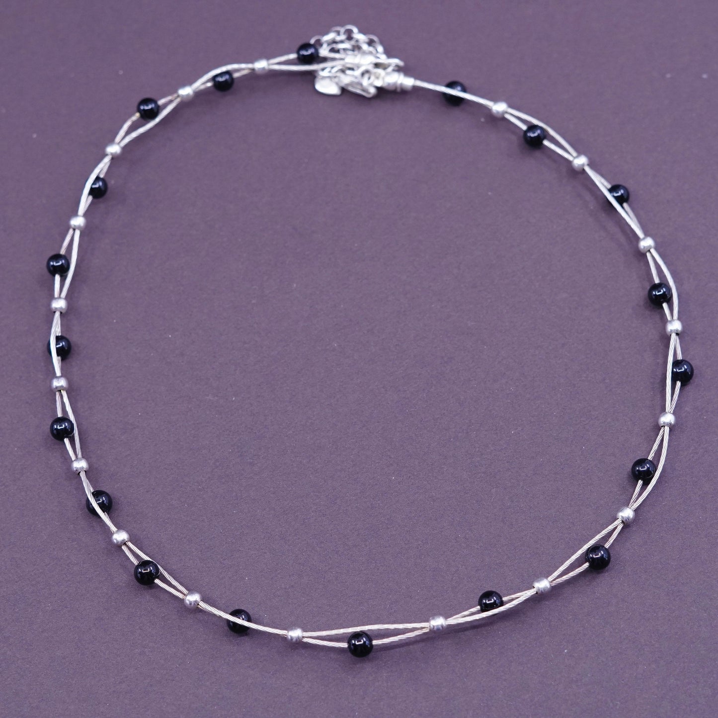 14+2”, Vintage Sterling 925 silver handmade twisted chain with obsidian beads