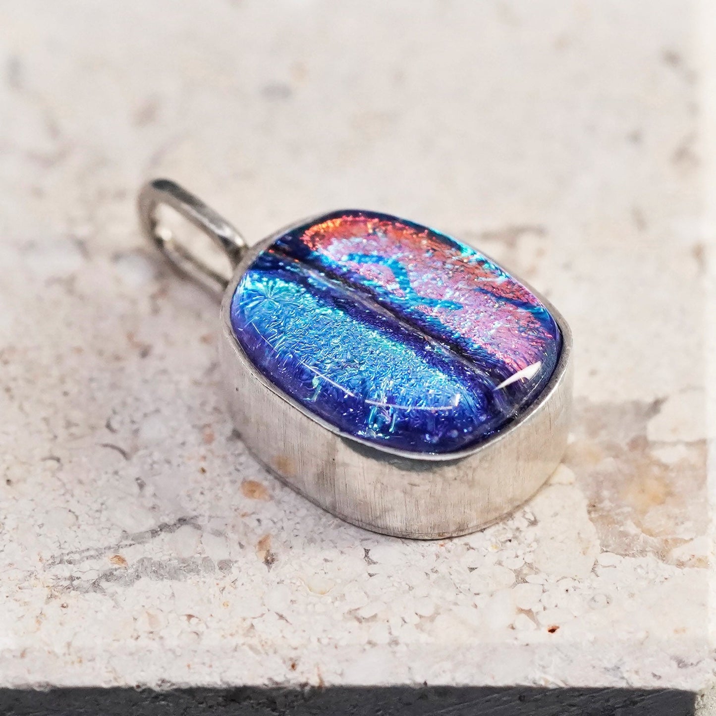 Vintage sterling 925 silver handmade pendant with dichroic glass