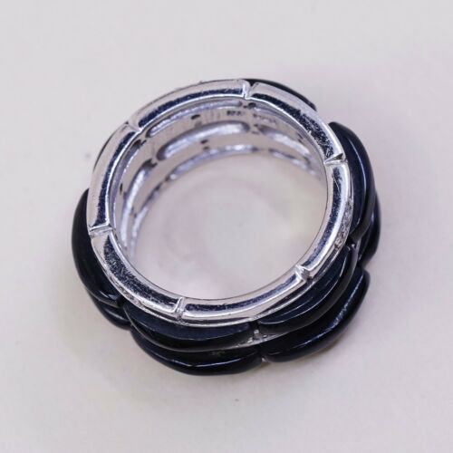 Sz 7.5, Vtg Sterling Silver Handmade Ring, 925 Silver Band W Obsidian Inlay